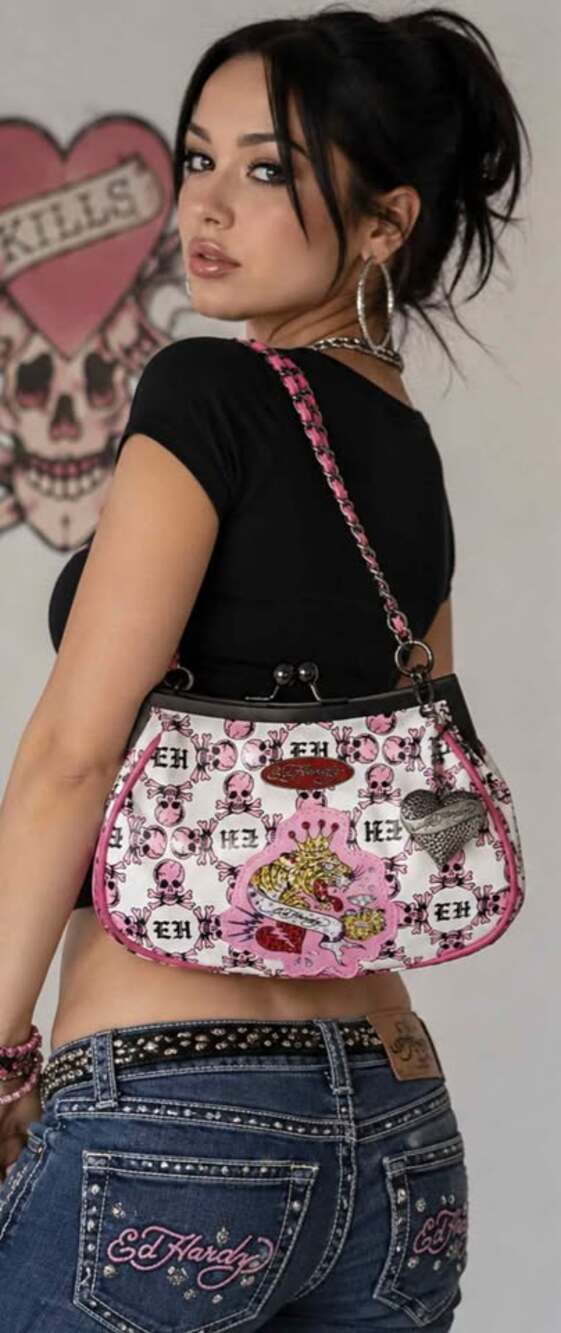 Ed Hardy Y2K Pink Skull Kiss Lock Shoulder Bag NWT Jeweled Tiger Heart Charm